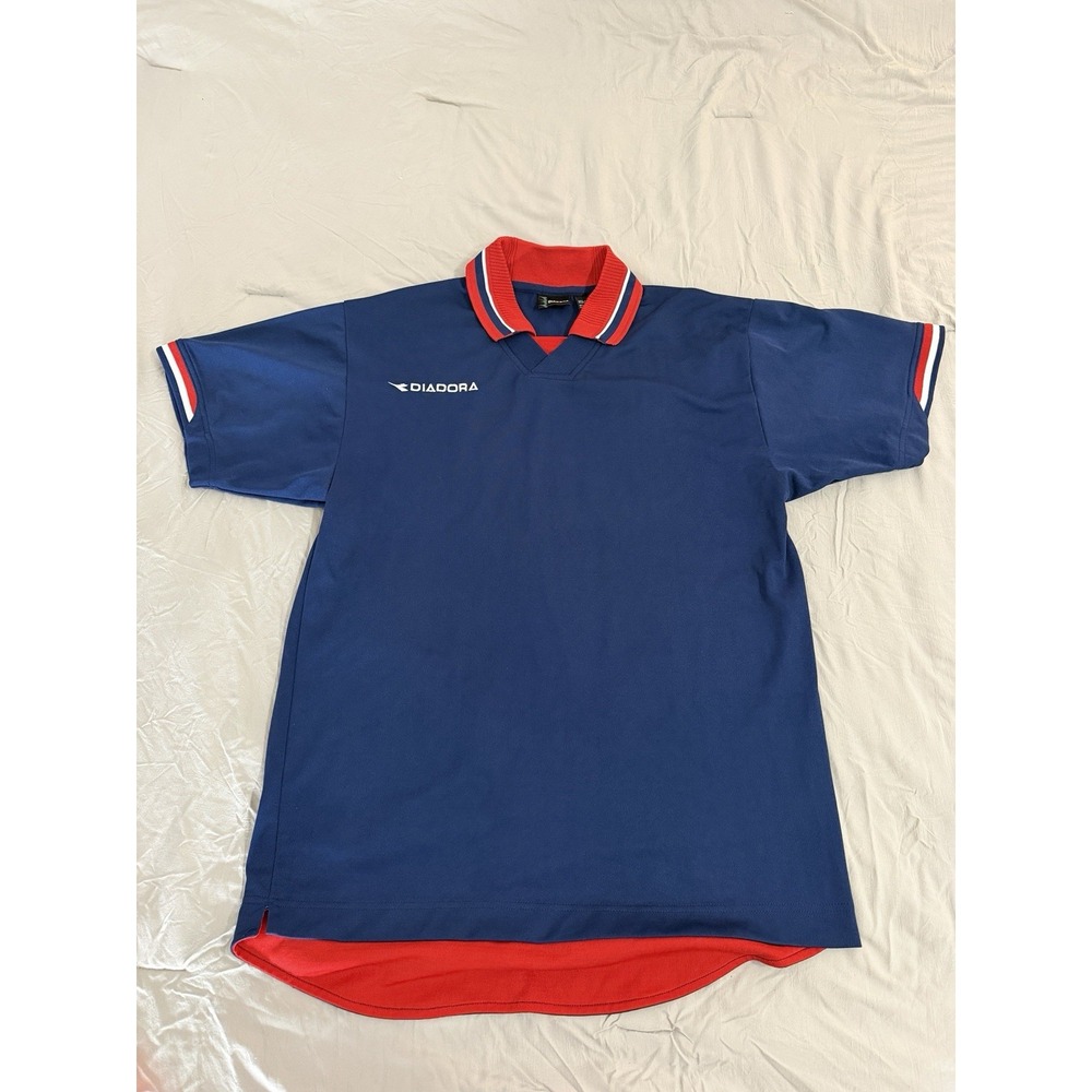 Vintage Diadora Soccer Jersey Mens M Navy Blue Red Collar Made in Macau Y2K 90s